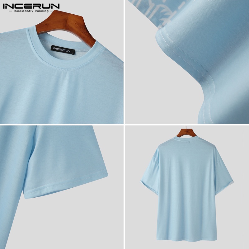 Áo thun INCERUN tay ngắn cổ tròn in hoa phong cách Hàn Quốc thời trang cho nam