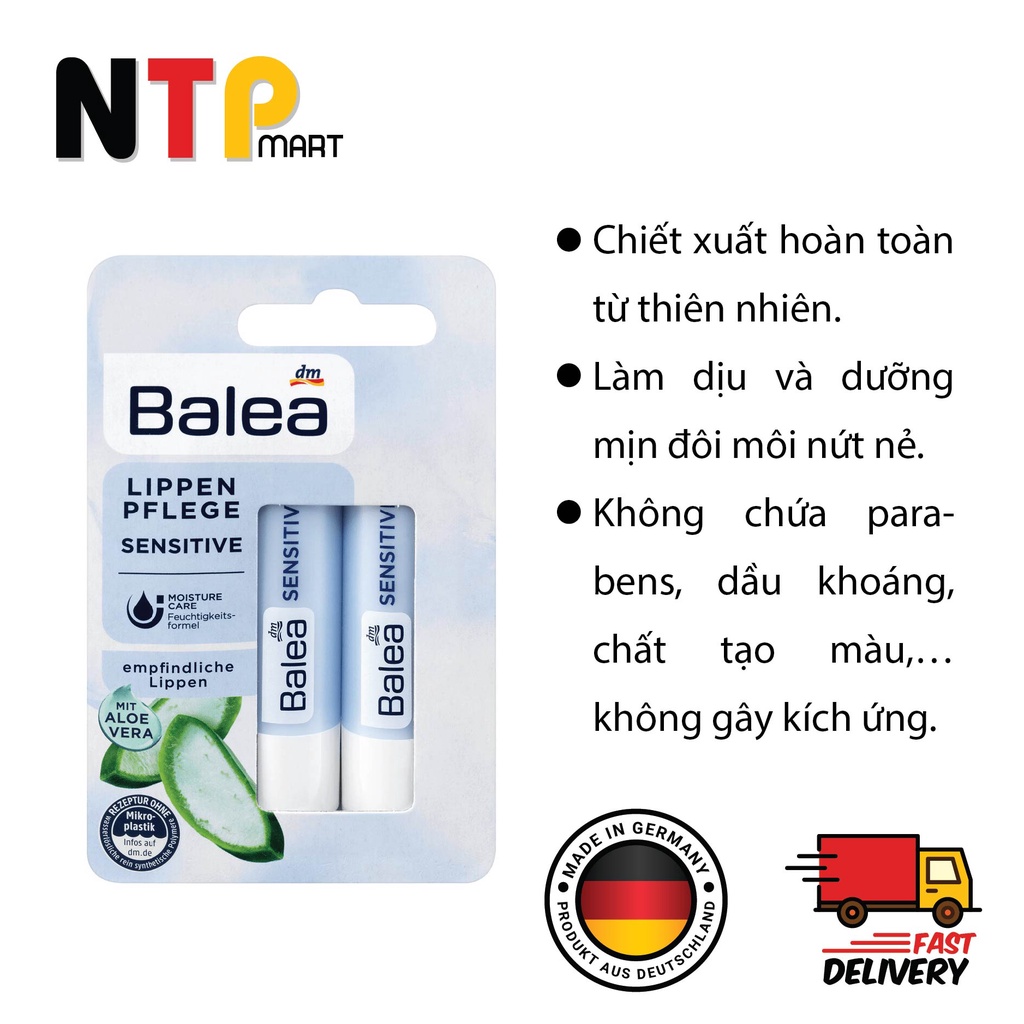 Son dưỡng môi Balea Lippenpflege Sensitive dưỡng ẩm hương lô hội cho môi nhạy cảm nhập khẩu Đức