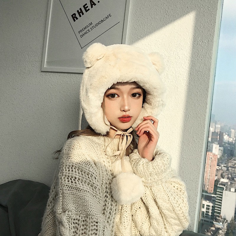 Mũ Trùm Đầu Mềm Mại Màu Trơn Đính Tai Gấu Bông Dày Dặn Ấm Áp Chống Gió Phiên Bản Nhật Bản Dễ Thương Cho Nữ Rai Feng