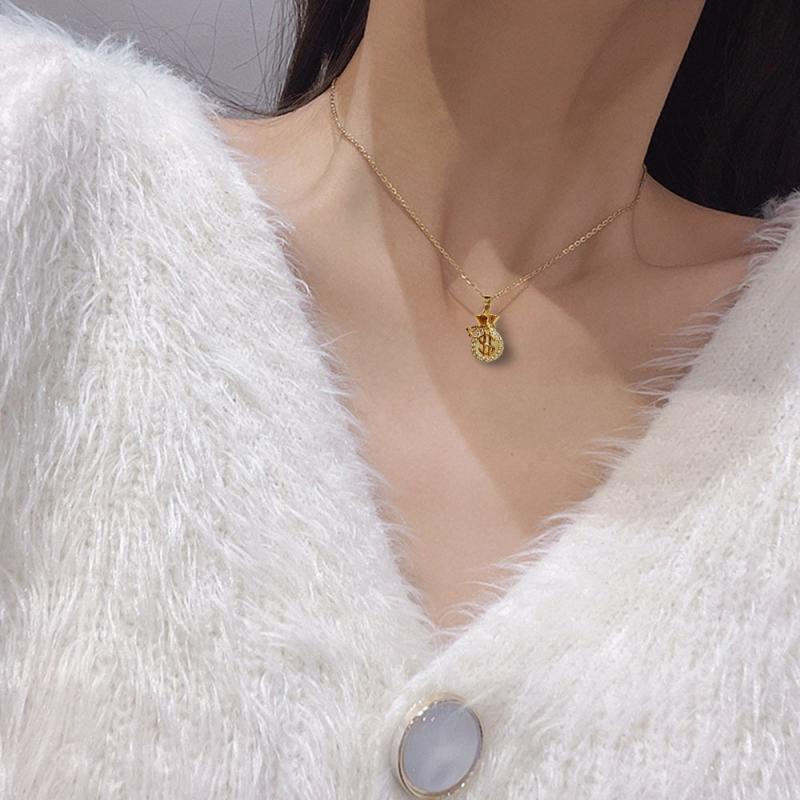 XiaoboACC Vòng Cổ Mặt Hình Túi Tiền Bằng Thép Titan Đính Đá Zircon Sang Trọng - 38CM+6CM