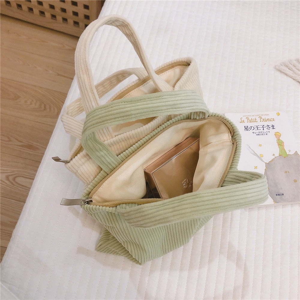 Túi Đựng Mỹ Phẩm Xách Tay Bằng Vải Nhung Kẻ Màu Sắc Đơn Giản Phong Cách Nhật Bản