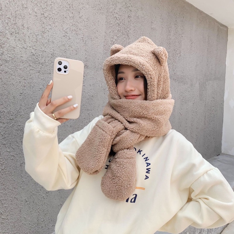 [ Mã LINHHTT01 giảm 10k] Mũ lên, mũ lông cừu kèm khăn quàng cổ và găng tay ấm áp Ulzzang Hàn Quốc - TinyShop