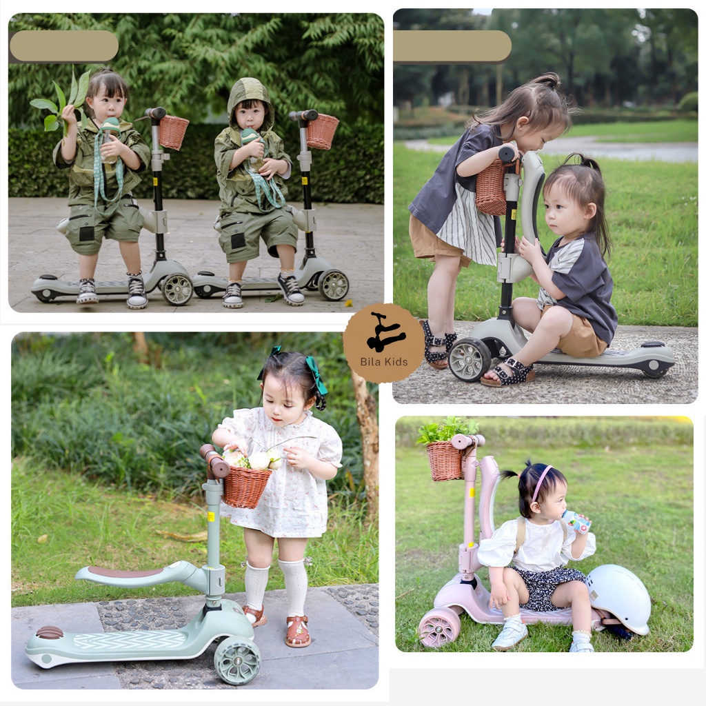 Xe scooter chòi chân cho bé BILA KIDS từ 1-14 tuổi, có ghế, tay đẩy, tải trọng 100kg Siêu bền, scoot and ride