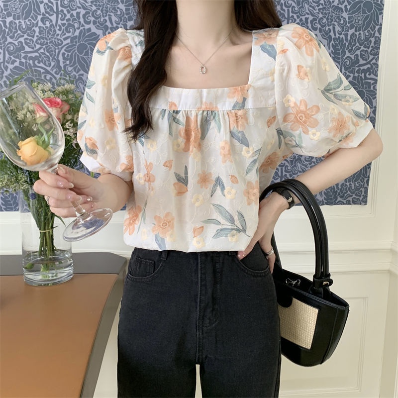 Áo Sơ Mi Tay Phồng Cổ Vuông Dáng Rộng Thêu Họa Tiết Hoa Thời Trang Mùa Hè Mới