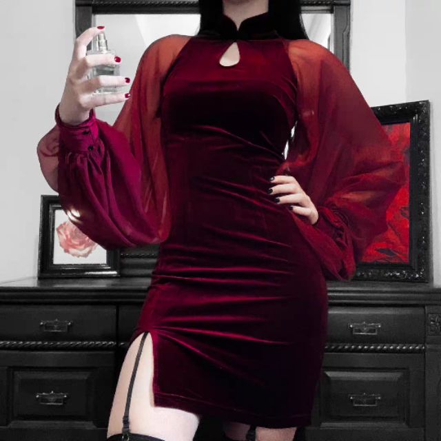 //SỈ BẰNG LẺ //Đầm sườn xám đỏ mận huyền bí nữ trung hoa ôm body xẻ tà tay bồng
