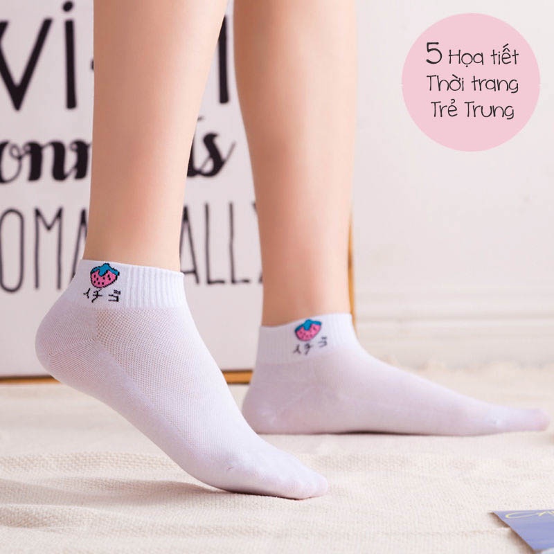 Tất vớ trắng cổ ngắn nữ họa tiết dễ thương, chất liệu vải co giãn bốn chiều - Sope Shop