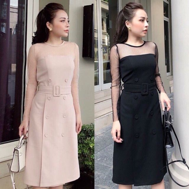 Đầm suông nút bọc phối lưới kèm ảnh thật