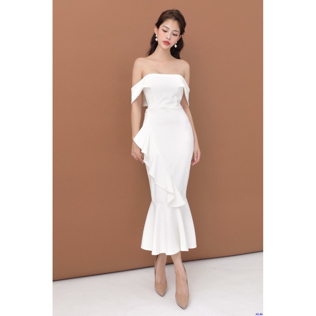 Đầm Ôm Body Trắng Cúp Ngực Phối Bèo Trẻ Trung