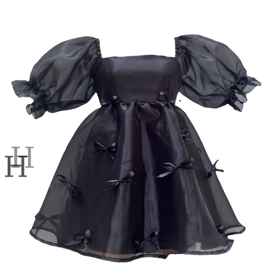 Đầm Babydoll HDT274 xòe tay phồng đính nơ màu đen  Hỉn Hỉn Store