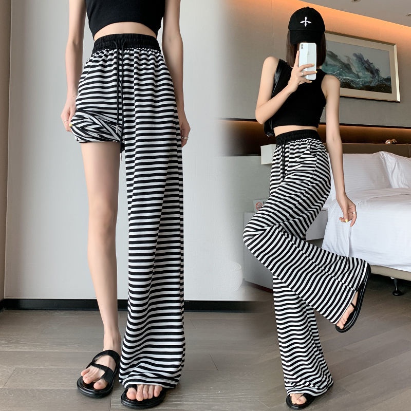 Quần Thể Thao Dài Lưng Cao Ống Suông Họa Tiết Kẻ Sọc