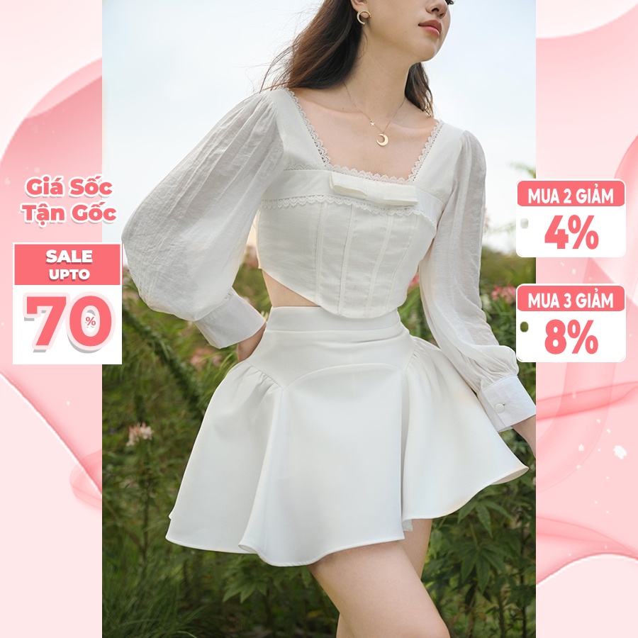 Áo cổ vuông Chillgals thiết kế tay bồng dài Lily Top màu trắng AO-003