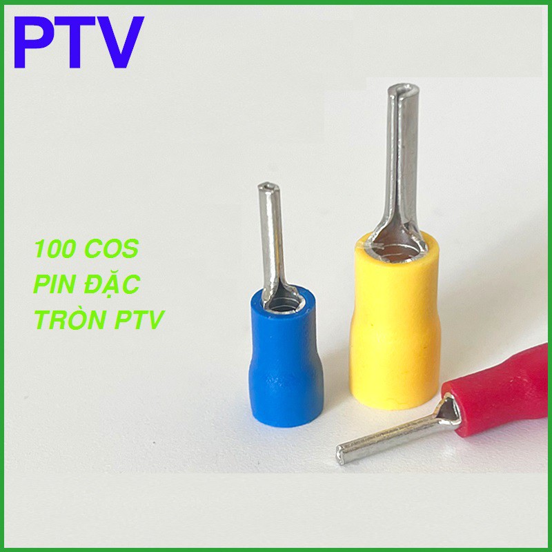 Túi 100 đầu cos pin đặc tròn PTV bọc nhựa