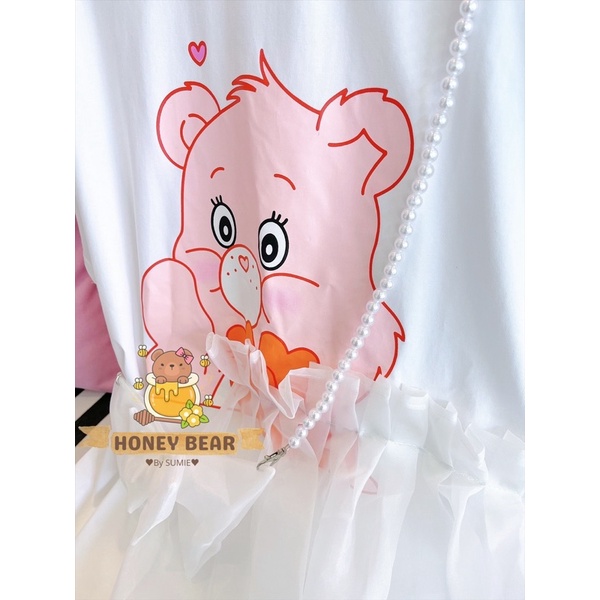 SET ĐI CHƠI - ĐẦM THUN CARE BEAR TRẮNG DÂY NƠ NGỌC - HB001