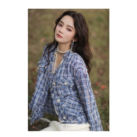 Áo khoác vải tweed màu xanh cao cấp