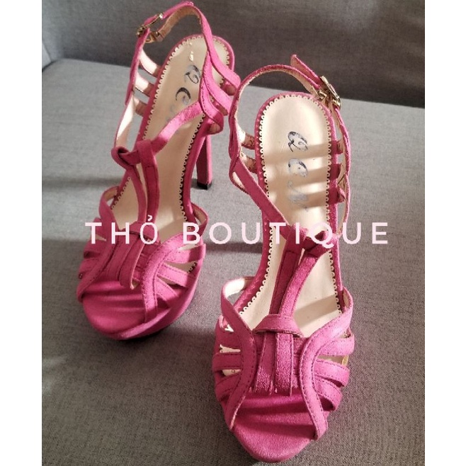 Giày sandal cao gót QCN dây mảnh chéo cách điệu da lộn hồng cánh sen đế kép 12cm size 35-36