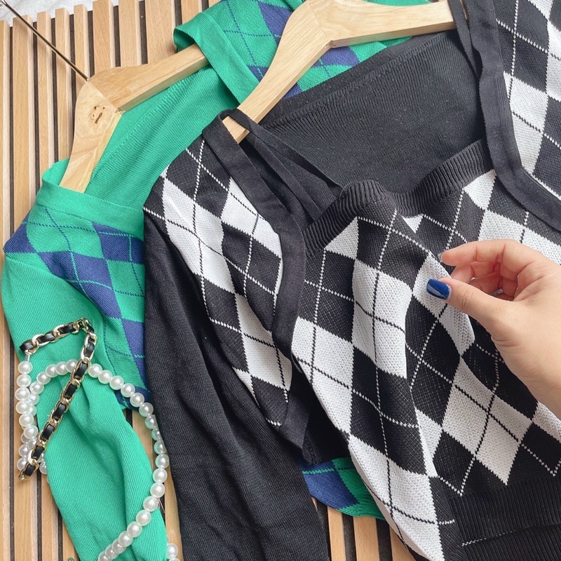 Set áo croptop len kèm áo 2S 2 màu Quảng Châu