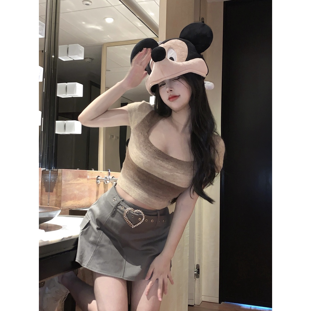 QADCOL  Áo Thun Dệt Kim Tay Ngắn Cổ Vuông Dáng Ôm Họa Tiết Kẻ Sọc Thời Trang Mùa Hè Quyến Rũ Cho Nữ