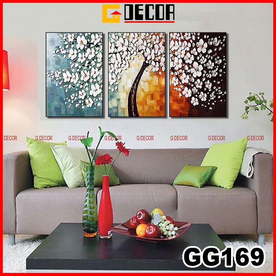 Tranh treo tường canvas 3 bức phong cách hiện đại Bắc Âu 169, tranh hoa đào trang trí phòng khách, phòng ngủ, phòng ăn