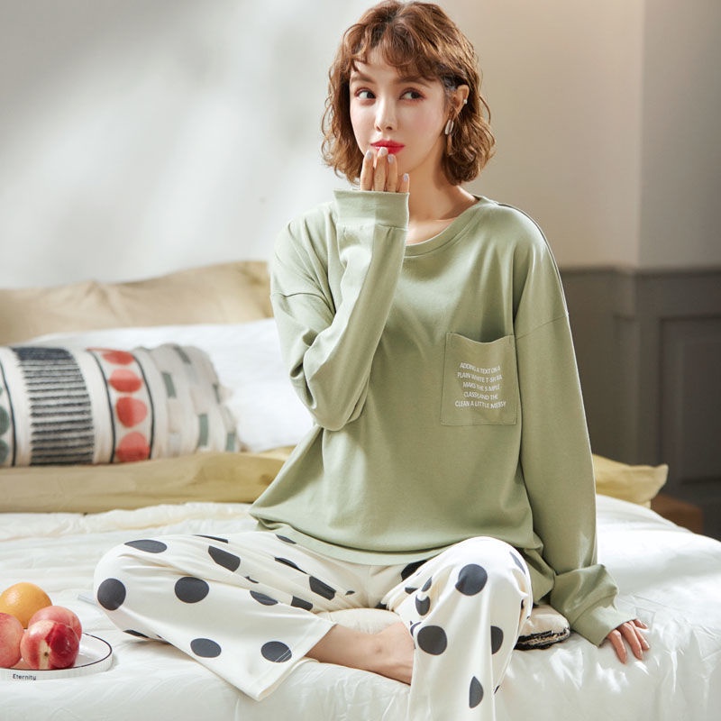 Set đồ ngủ dài tay 100% cotton phong cách Hàn Quốc thời trang thu đông dễ thương cho nữ mặc ở nhà | BigBuy360 - bigbuy360.vn