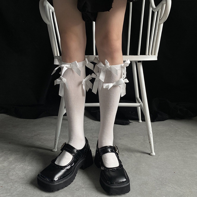 Vớ Dài Qua Gối Vải Satin Đính Nơ Màu Trắng Đen Phong Cách Lolita