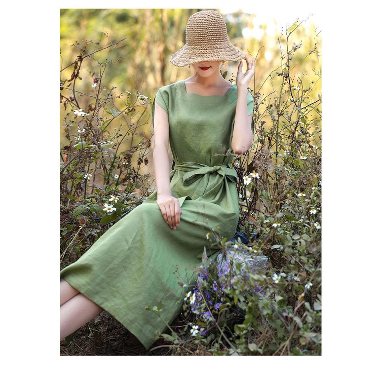 Đầm Cotton Lanh Cao Cấp Màu Xanh Lá Phong Cách retro Mùa Hè Cho Nữ Trung Niên