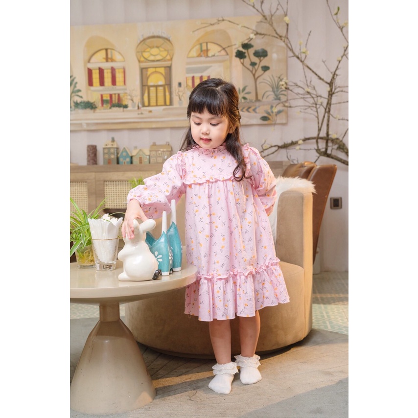 Váy thu dài tay cổ trụ hoa nhí cho be gái 1-5 tuổi (Mã V060402)- Ảnh thật