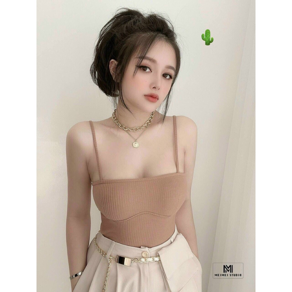Áo hai dây croptop trơn kèm mút ngực cực xinh , chất thun gân co giãn