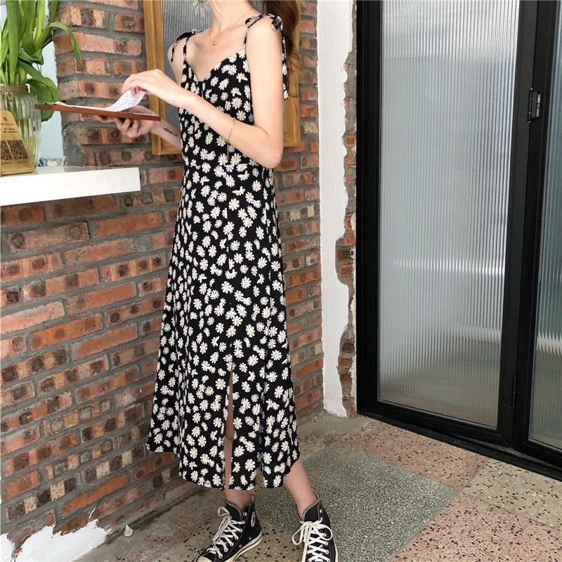 SUXI Đầm Midi Hoạ Tiết Hoa Cúc Thiết Kế Xẻ Quyến Rũ