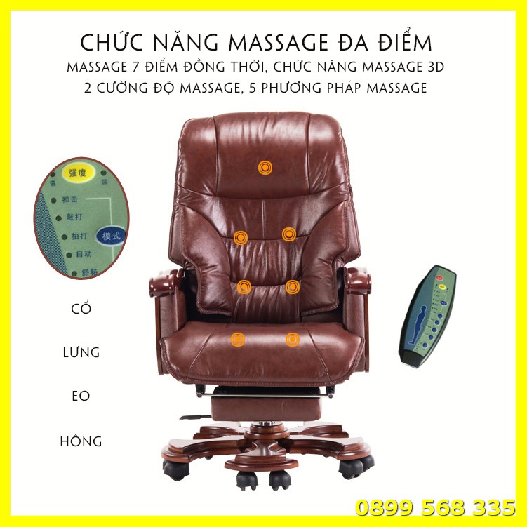 Ghế giám đốc cao cấp, Ghế chủ tịch massage 7 điểm, Ghế da văn phòng chân xoay dành cho lãnh đạo