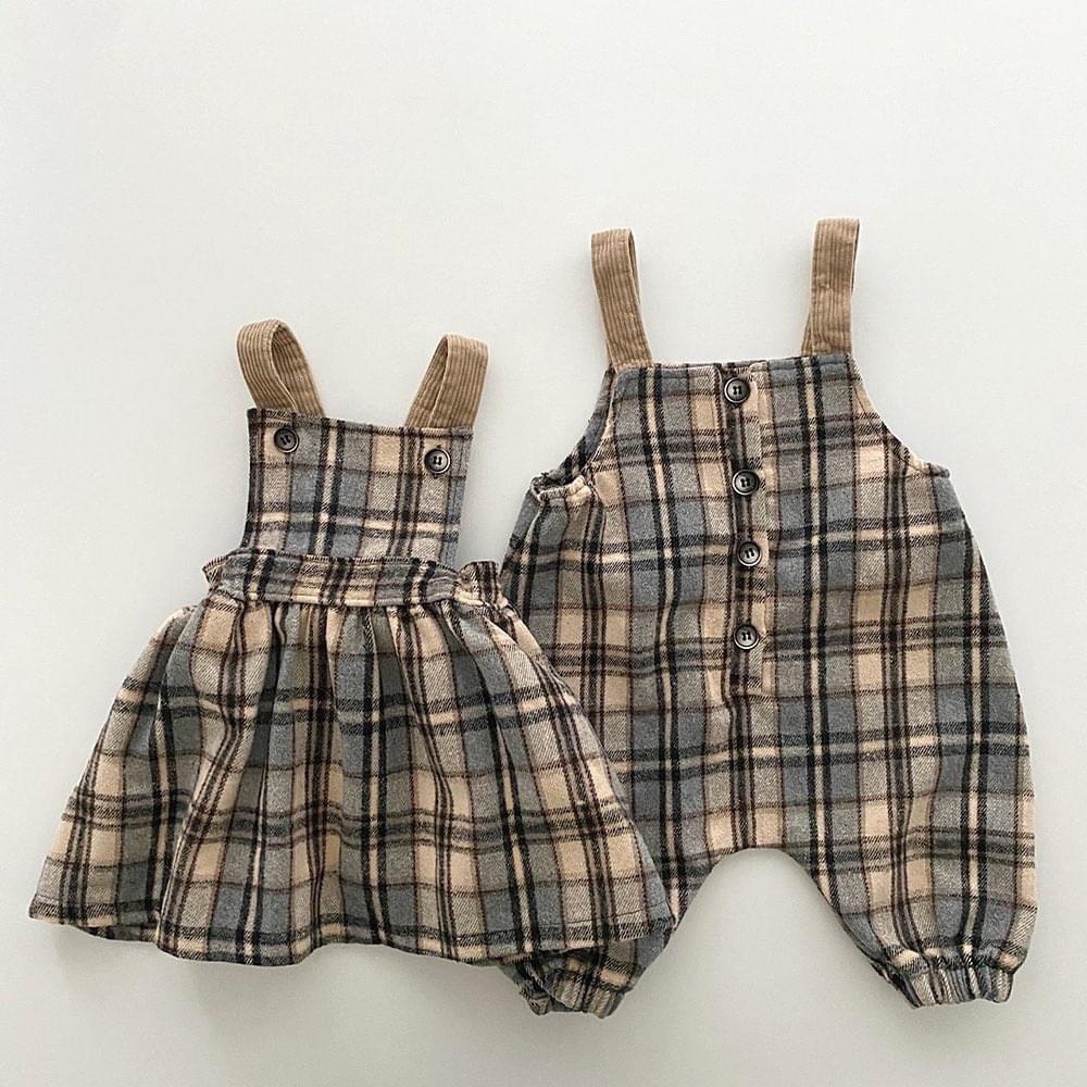 [Jumpsuit] Áo liền quần, áo yếm kẻ sọc caro, phong cách baby mori dành cho bé trai và bé gái