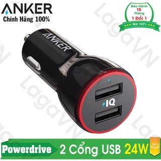Sạc ô tô cao cấp 2 cổng ANKER Powerdrive 2 – 24W (Đen) cho xe hơi