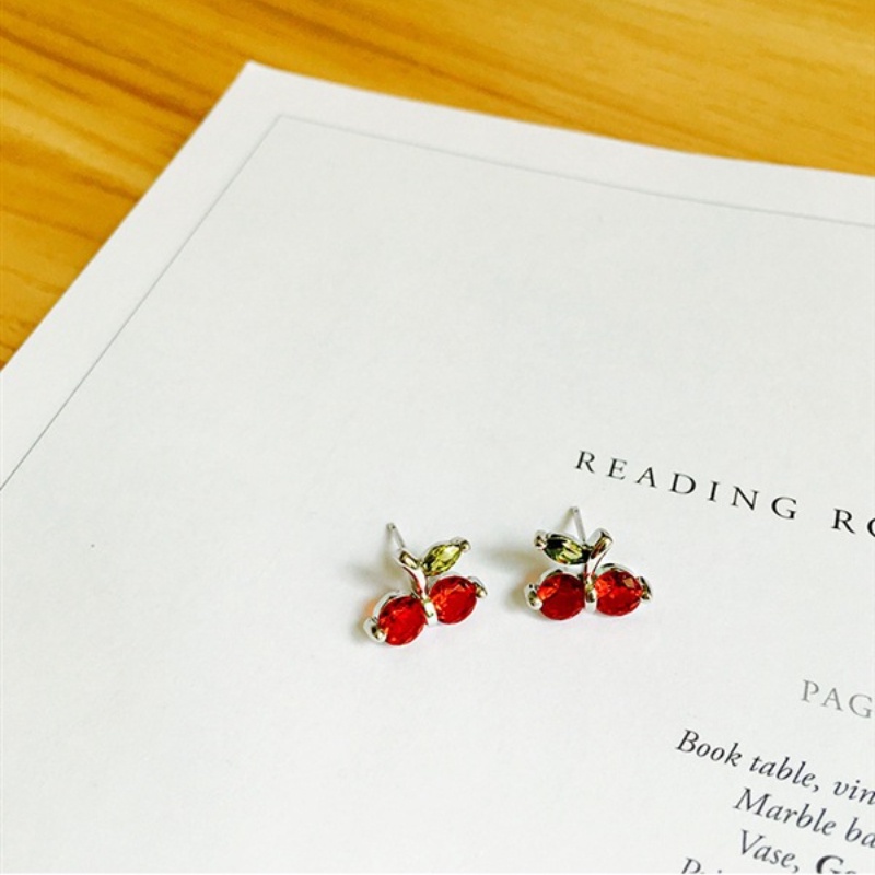 Hoa tai thời trang nữ phong cách Hàn Quốc Hoa tai đính kim cương đỏ anh đào dễ thương