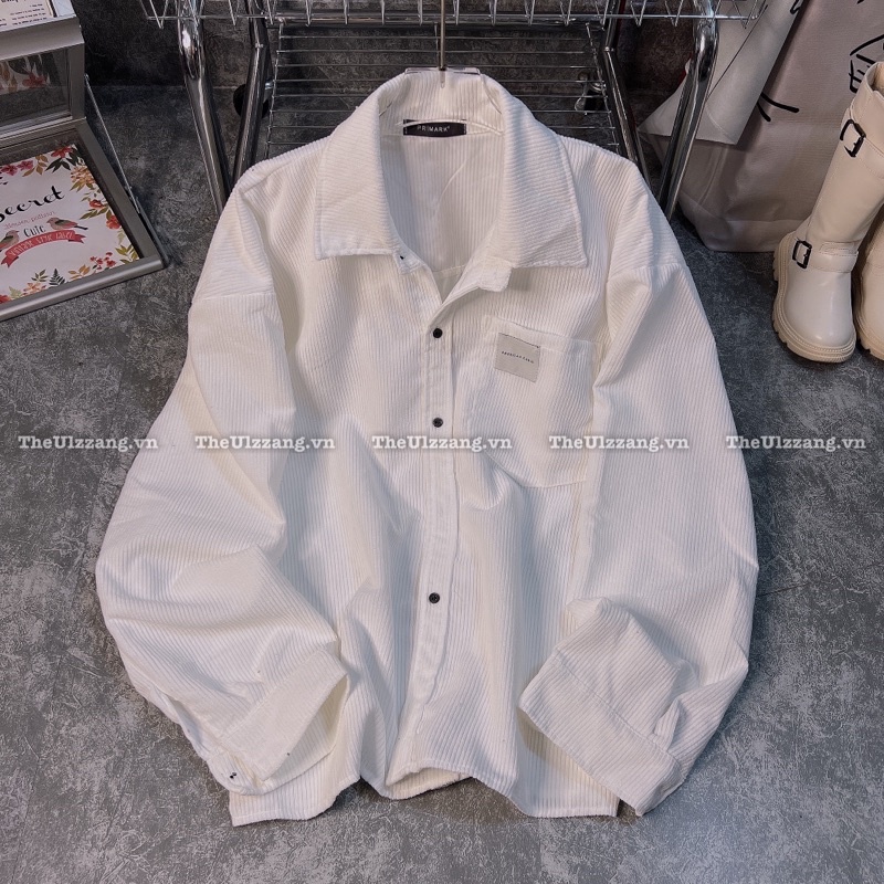 Áo sơ mi nhung tâm quảng châu hàng loại 1 cao cấp form rộng unisex nam nữ LOGO TRẮNG - SM4002