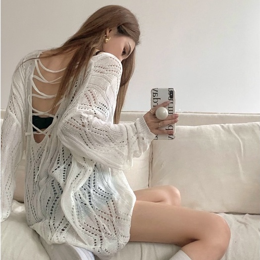 NUZIRO  Áo len  đan tay dài hở lưng thời trang dành cho nữ