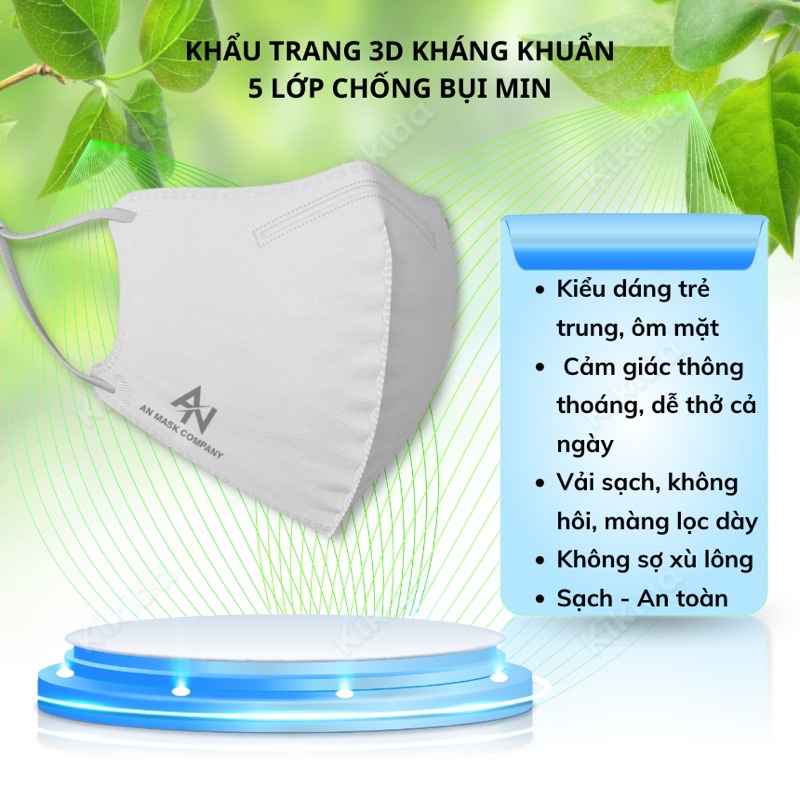 Khẩu trang kháng khuẩn N99+ 3d, 5 lớp AN MASK PRO chống bụi mịn, kiểu dáng ôm gọn mặt thoáng đẹp - Không dây rút