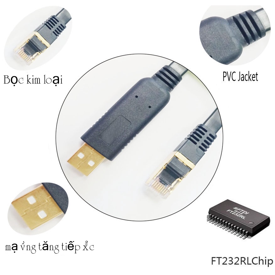 Cáp lập trình Console USB to RJ45 dài 1.8M Winet, kết nối từ má tính, laptop sang thiết bị mạng để cài đặt