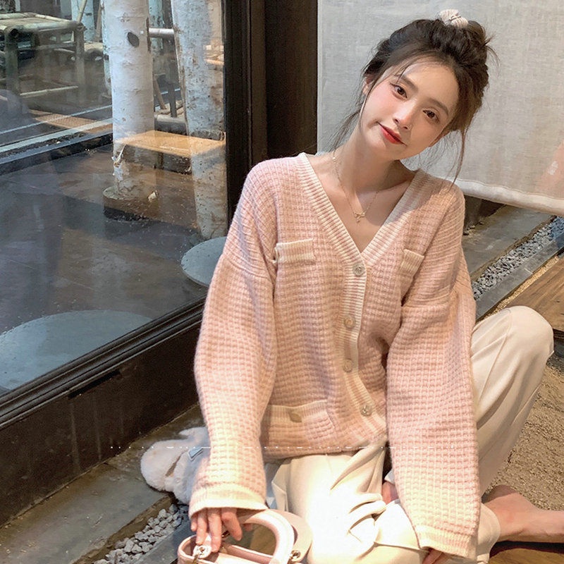 Áo khoác len cardigan cổ chữ V thời trang retro cho nữ