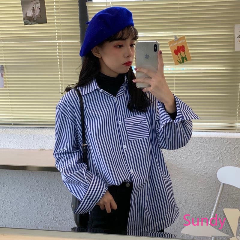 Áo Sơ Mi Cổ Polo Kẻ Sọc Kiểu Hàn Quốc Thời Trang Mùa Thu Cho Nữ
