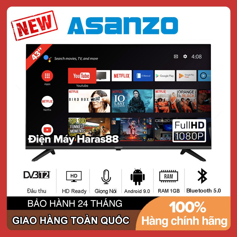Smart Voice Tivi Asanzo 43 inch 43S51 43S52 Android 9.0, Full HD, Có Remote Giọng Nói, Chromecast built-in, DVB-T2
