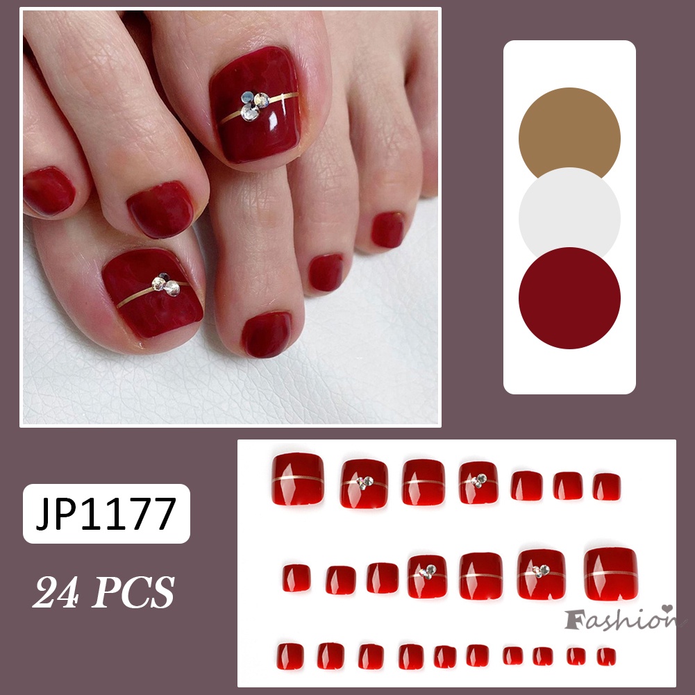 Bộ 24 Móng Chân Giả Màu Rượu Vang Đỏ Đính Kim Cương Giả Dễ Xé Thời Trang Pháp Cho Nữ