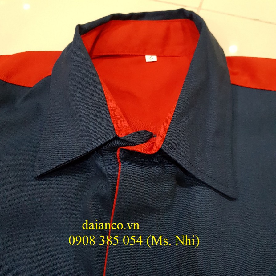 Quần áo bao hộ lao động màu tím than phối đỏ DA11- Hình thật