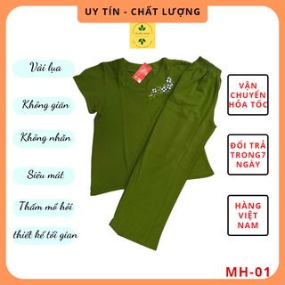 Đồ Bộ Đũi Trung Niên Quần Dài Áo Cộc Tay - Quần Áo Mặc Nhà Người Già Cho Mẹ Cho Bà