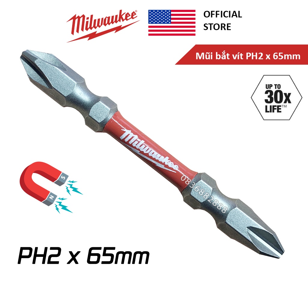 Mũi bắt vít hai đầu dài 65mm Milwaukee chính hãng Mỹ siêu bền, mũi vít PH2 2 đầu 4 cạnh bake nam châm từ siêu cứng