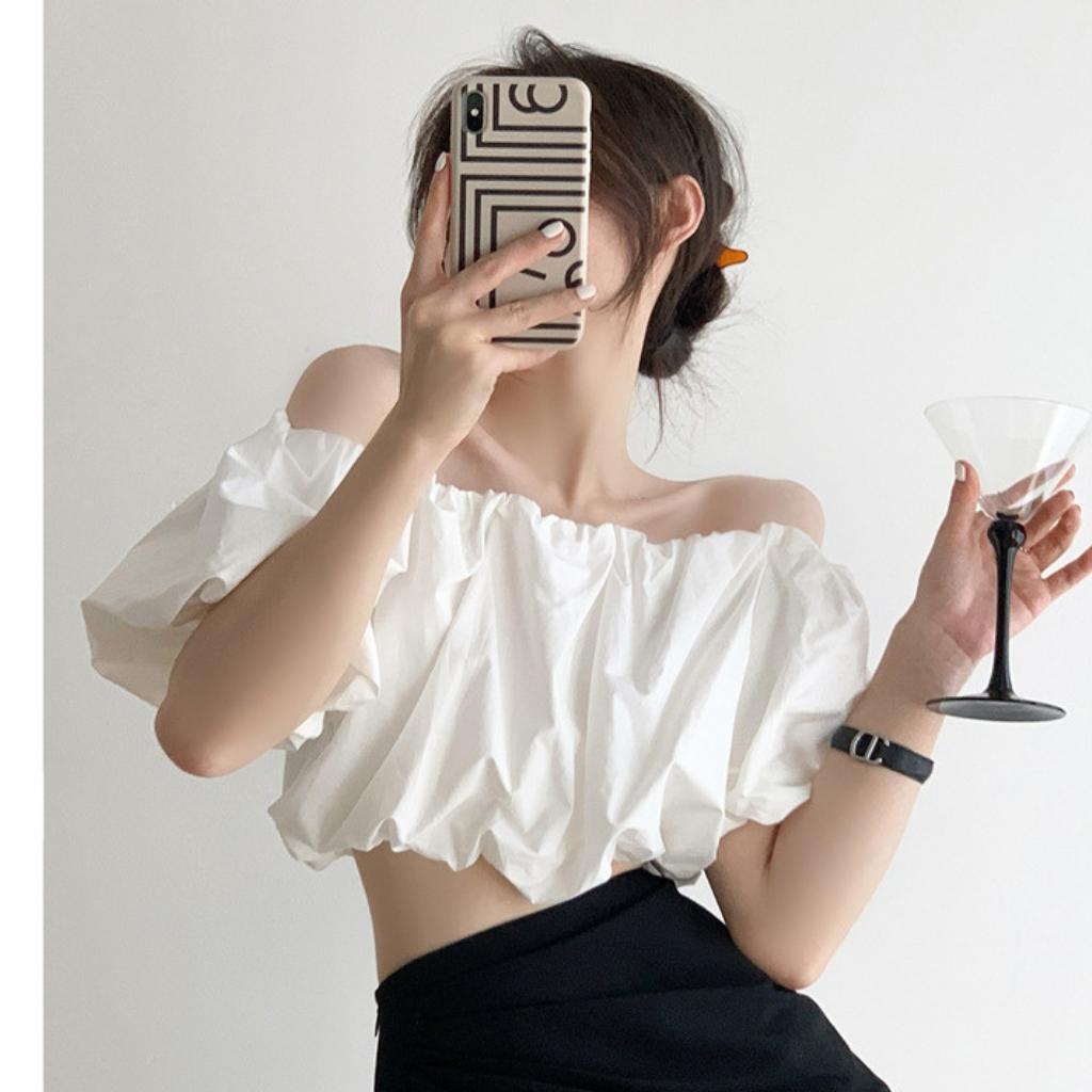 Áo croptop trễ vai tay phồng Xquin áo kiểu nữ bẹt vai tay phồng 2 lớp nhún lưng ôm dáng bánh bèo