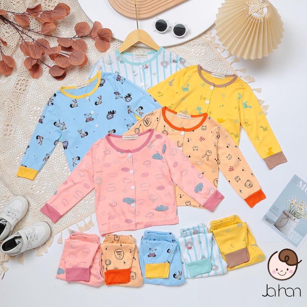Bộ Dài Tay Cho Bé Trai Bé Gái Sơ Sinh Minky Mom Vải Thun Lạnh Họa Tiết Dễ Thương Có Nút Cài - BDSS1