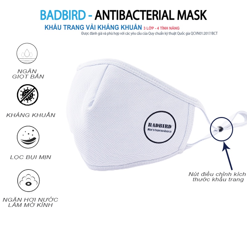 Khẩu Trang Vải Y Tế Kháng Khuẩn Cao Cấp BADBIRD 3 Lớp 4 Tính Năng, Antibacterial Mask, Khẩu Trang Vải Thương hiệu Việt