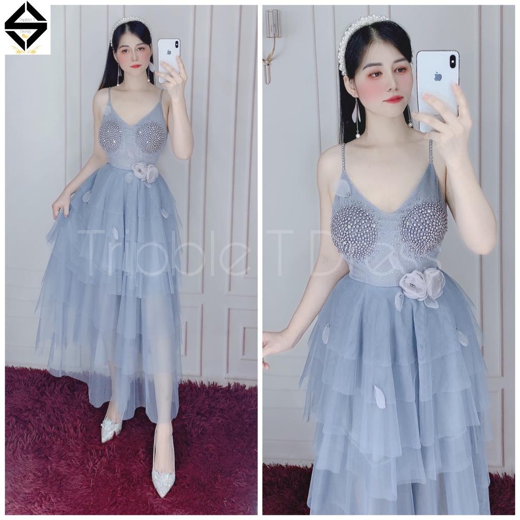 Đầm dự tiệc công chúa 2 dây xếp tầng kết cườm ngọc TRIPBLE T DRESS - size M/L - MS88Y