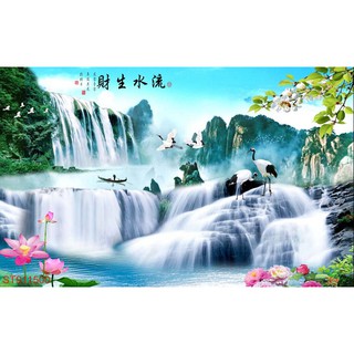 Tranh dán tường 3D thác nước sơn thủy