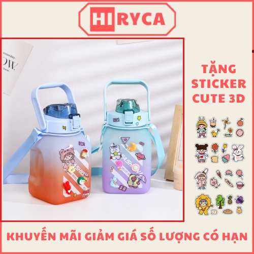 Bình nước đi học, bình đựng nước cute tập gym có ống hút dây đeo bằng nhựa HI.RYCA BN1L501