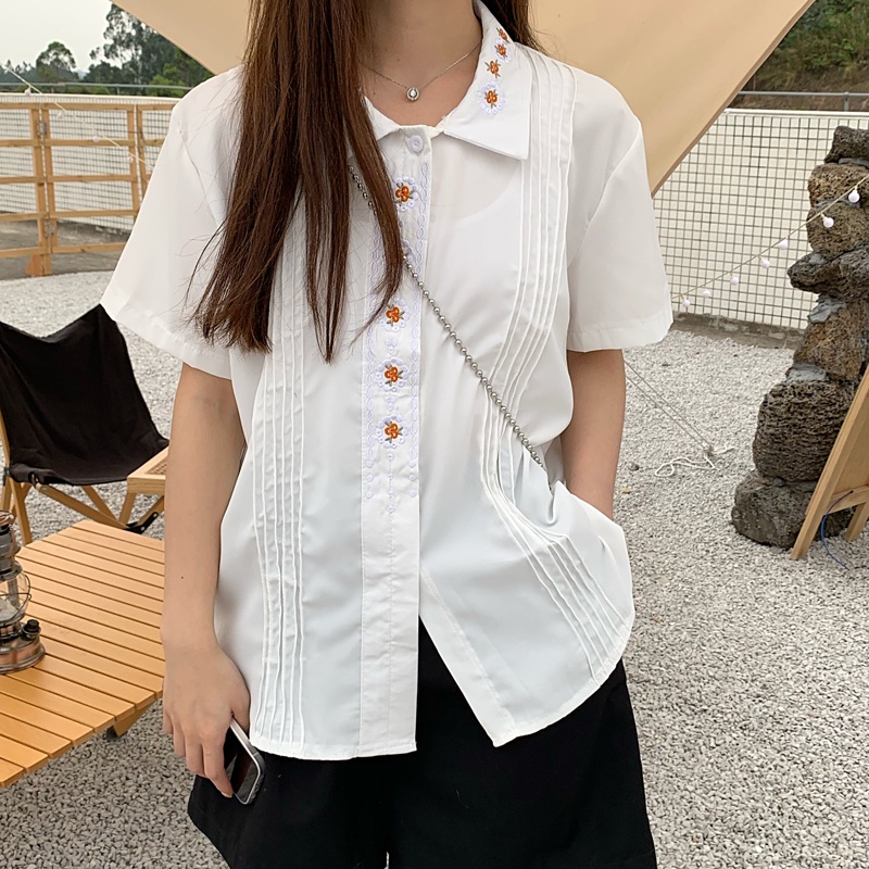Áo Sơ Mi Ngắn Tay Thêu Hoa Thời Trang Hàn Quốc Cho Nữ